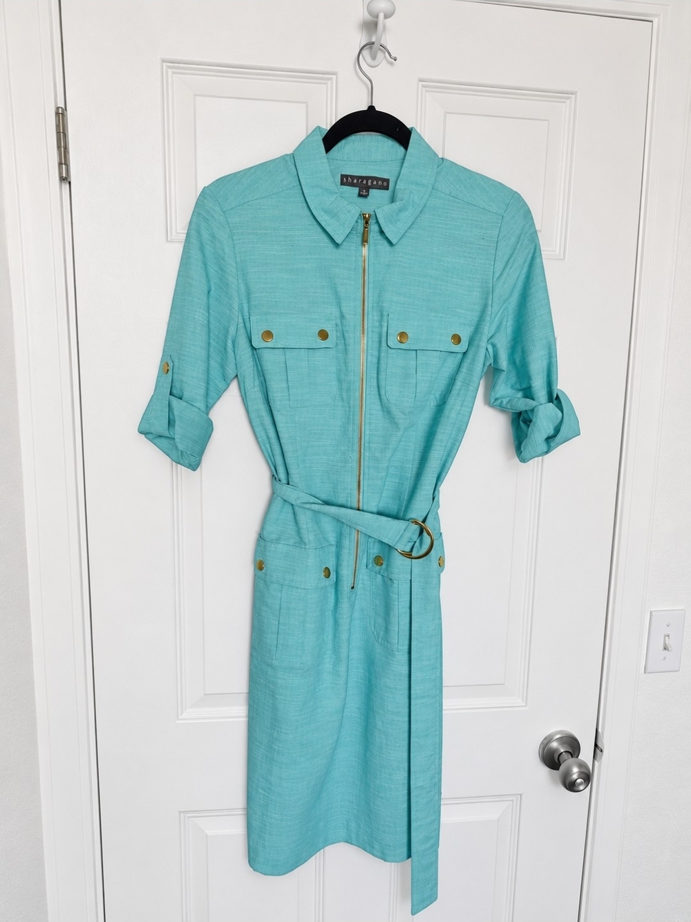 Sharagano Turquoise Zip-Front Shirt Dress with Belt